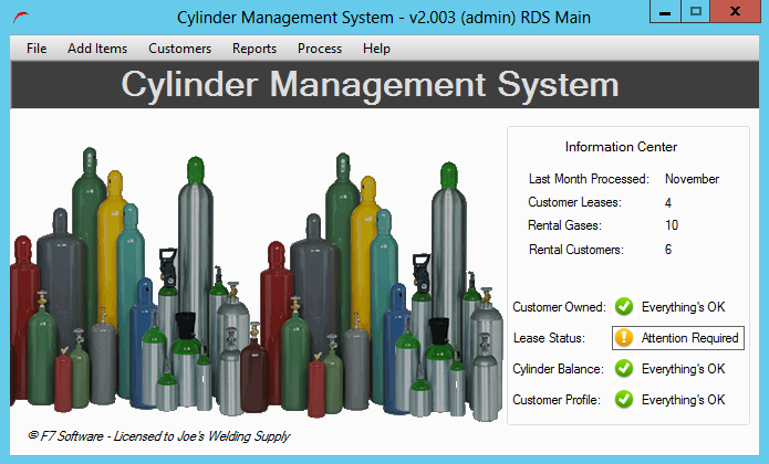 Cylinder Management System main screen showing a customer's cylinder balances